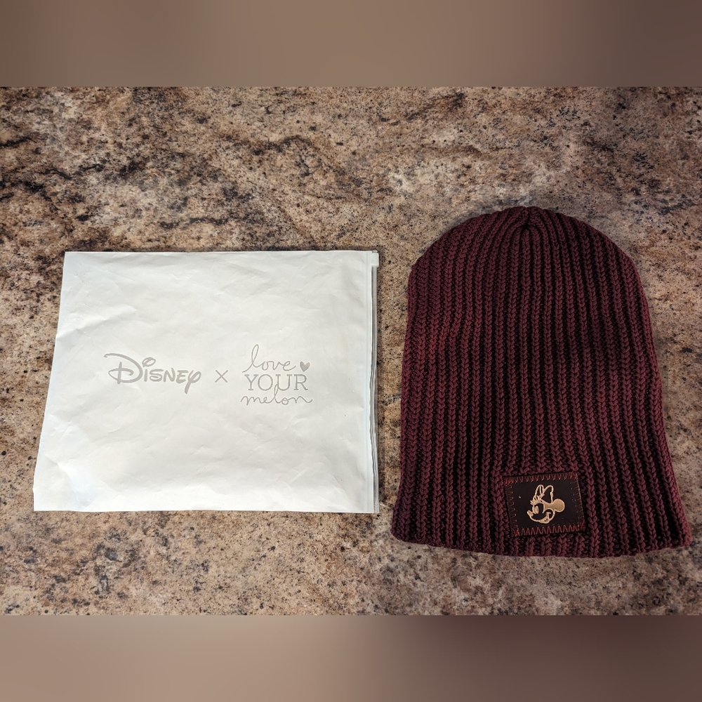 New Love Your Melon Minnie Mouse rose gold foil burgundy beanie winter hat.